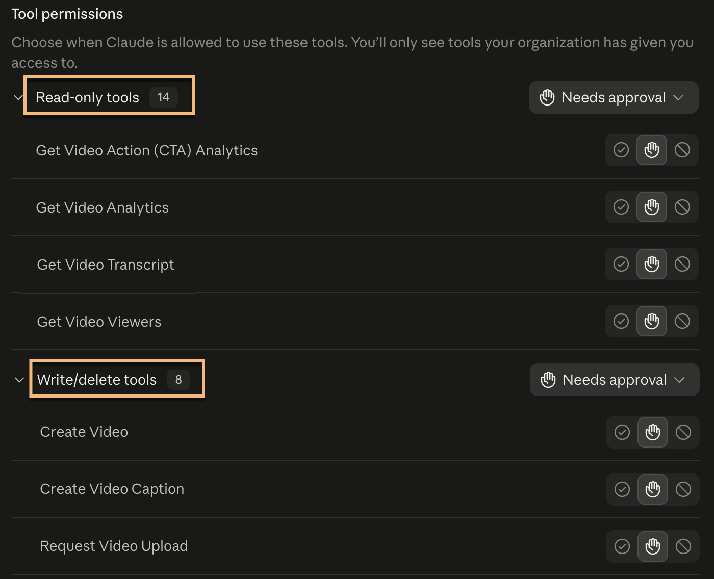 Claude tools list showing what read and write tools are available using the MCP