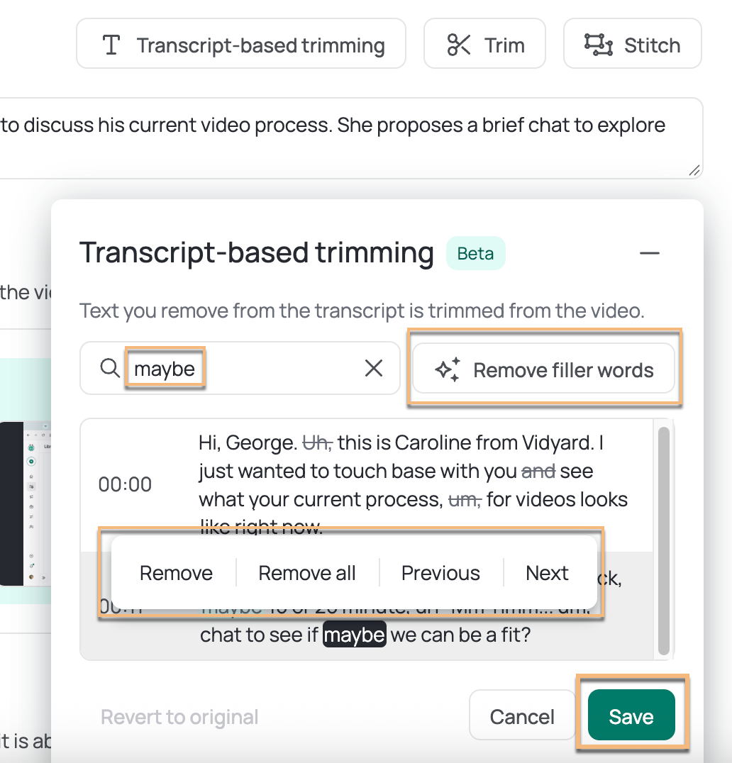 Transcript-based trimming window open with words removed and editing options highlighted
