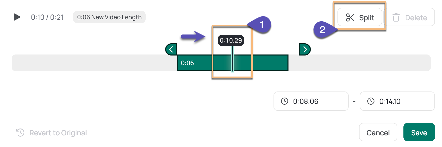 Trim timeline with playhead in the middle of a clip and the split button highlighted