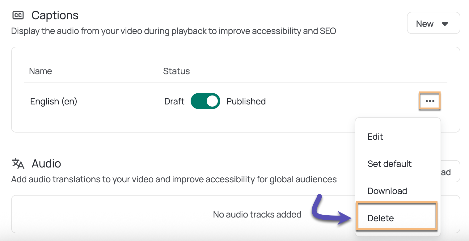 Video edit page in captions section with menu open and option to delete selected