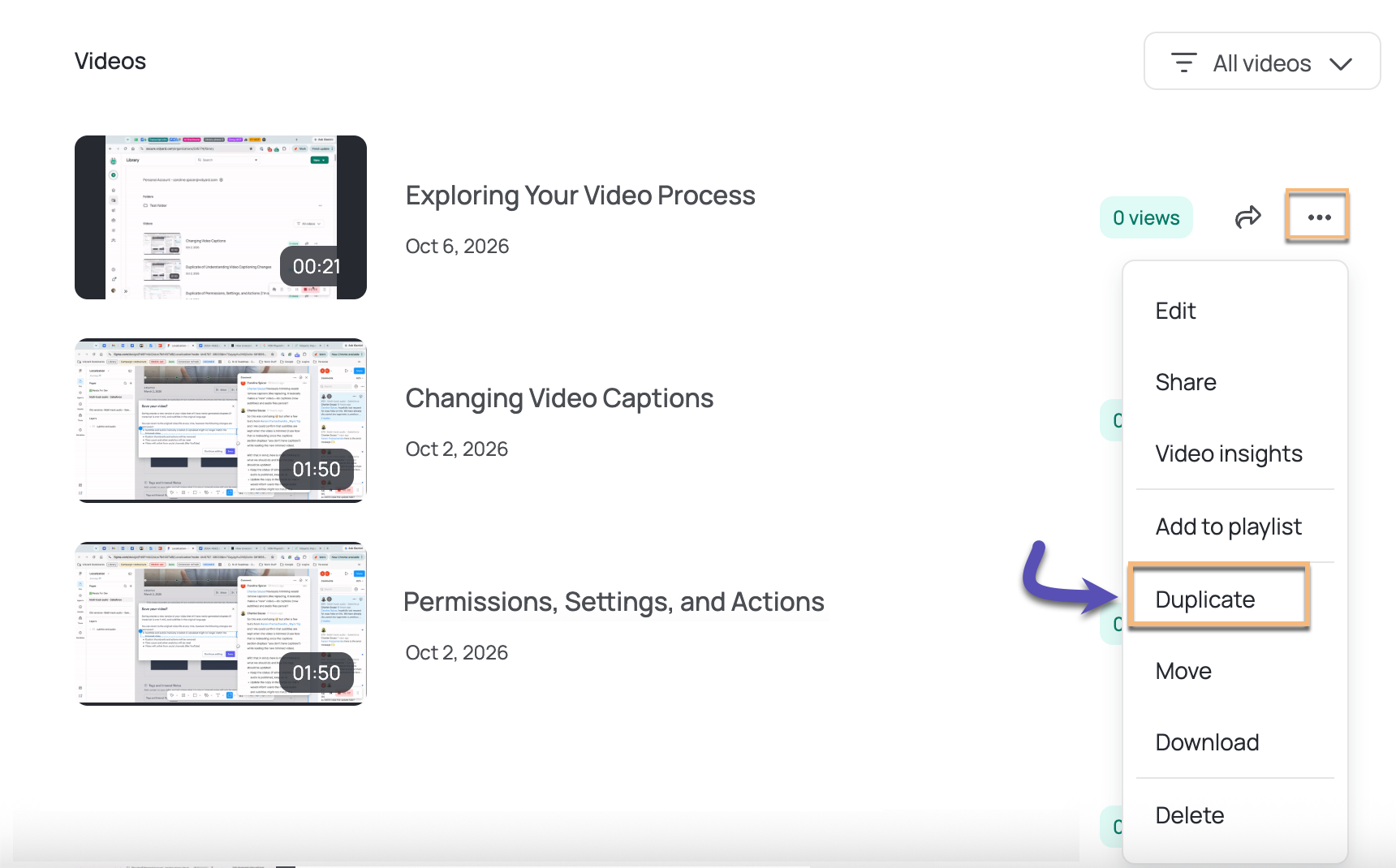 Video menu open in library with duplicate option selected