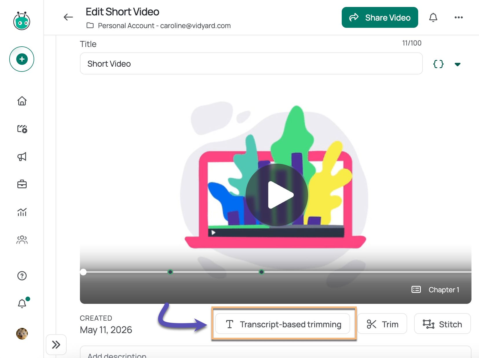 Vidyard video edit page with button to open transcript-based trimming selected