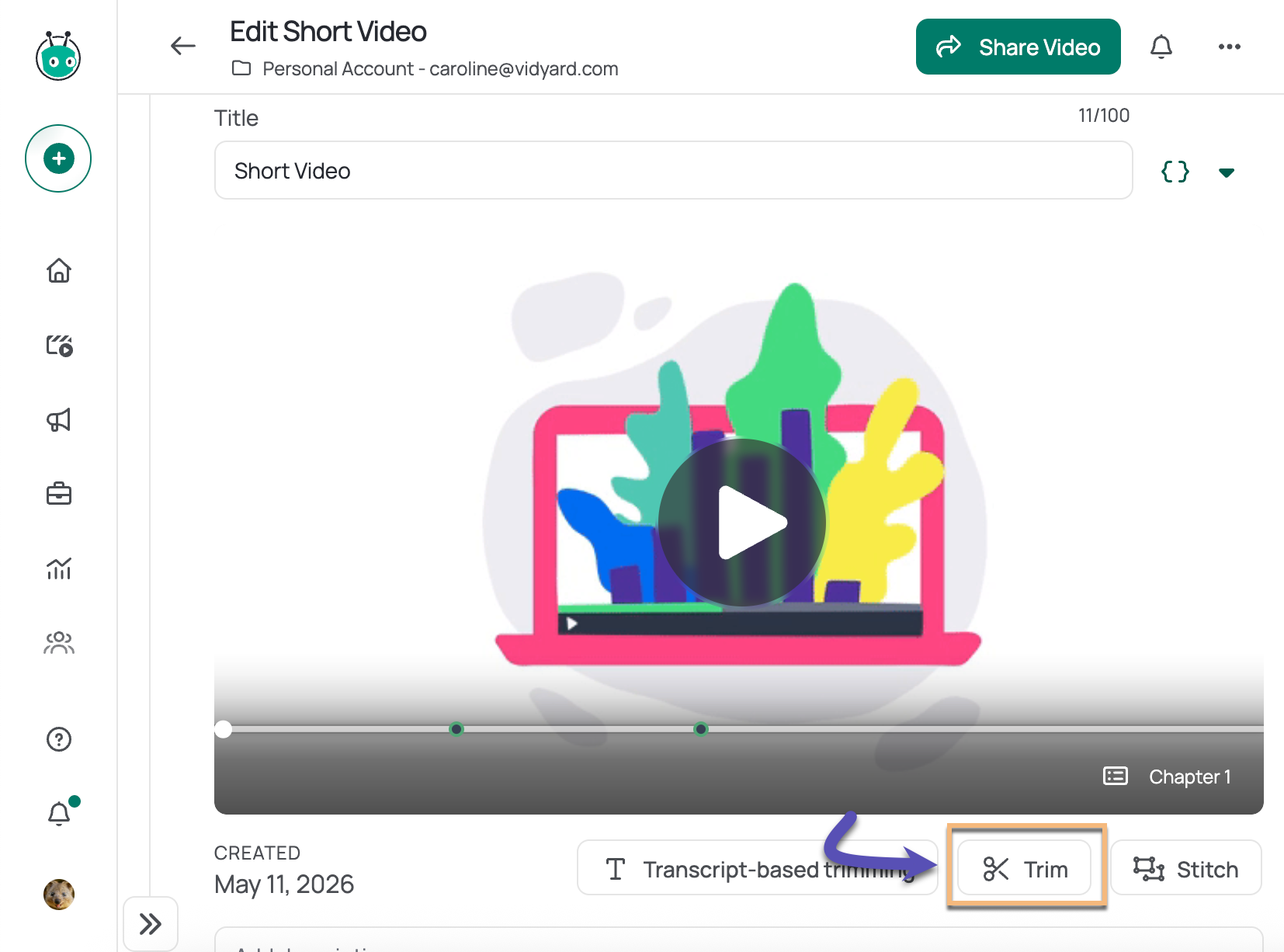 Vidyard video edit page with button to Trim using the video's timeline highlighted