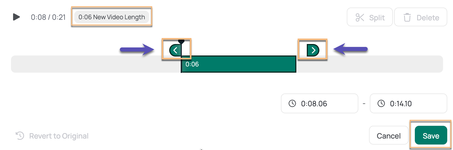 Trim timeline with handles highlighted to change the length of the trimmed section