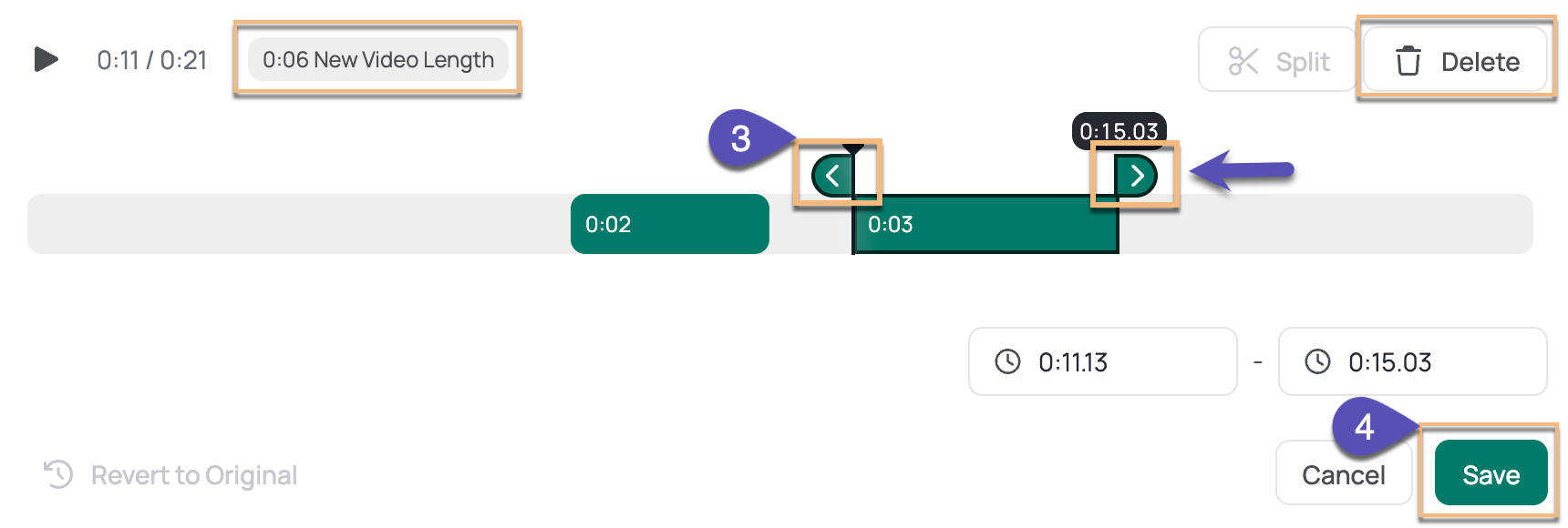 Trim timeline split into 2 clips with the handles highlighted and option to delete sections 