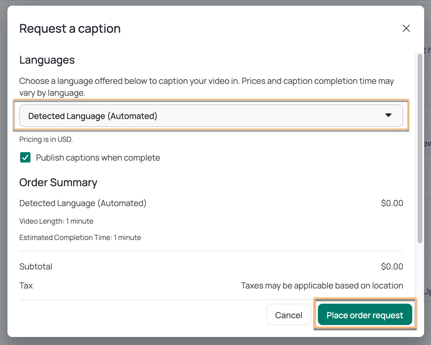 Captions request screen with free detected language captions selected