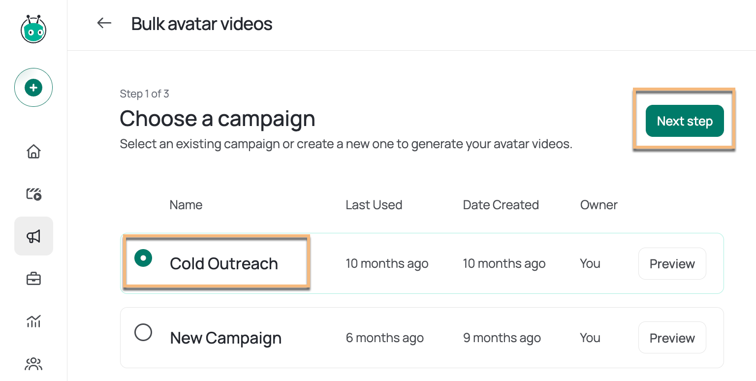 Campaign selection screen with a campaign highlighted in the list and next step button highlighted
