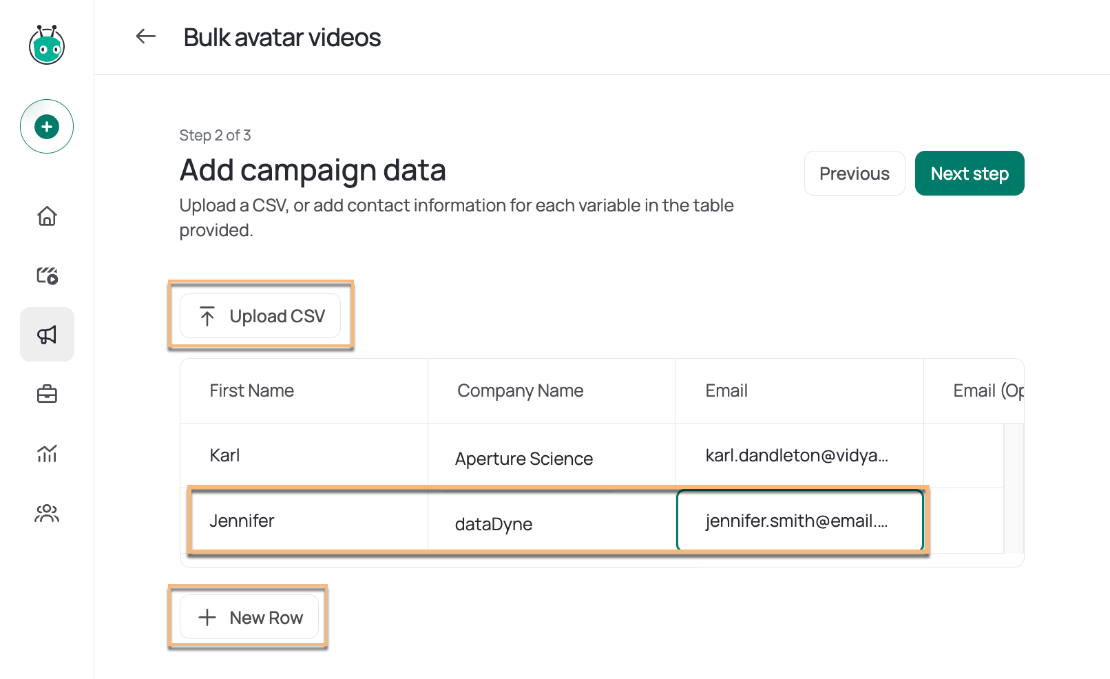 List of contact information to create personalized videos, with options to create new row or upload CSV file highlighted