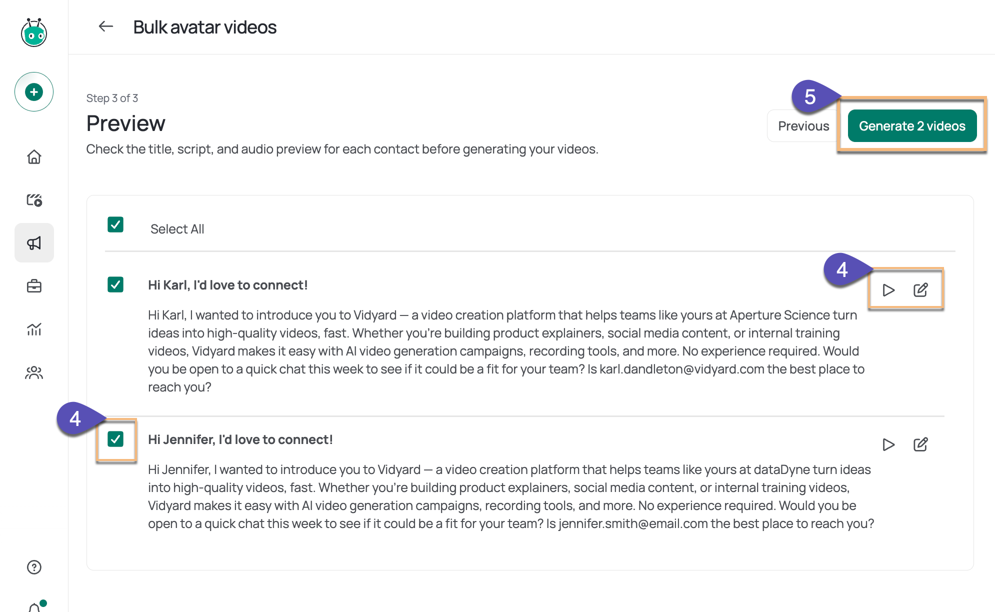 List of video titles and scripts with checkboxes to select which videos will be sent, and total videos generated button highlighted