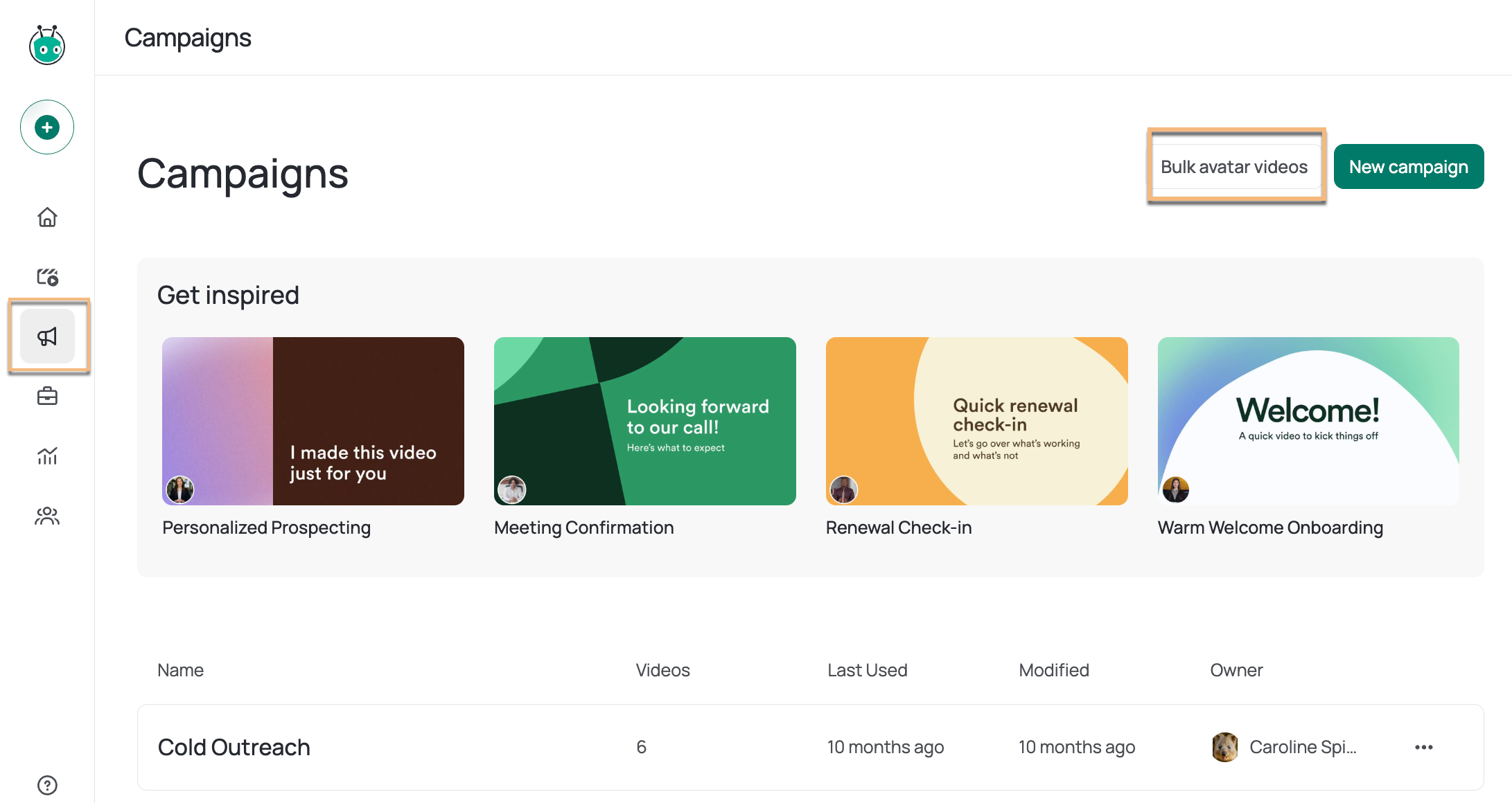 Campaigns page with button to bulk generate videos highlighted