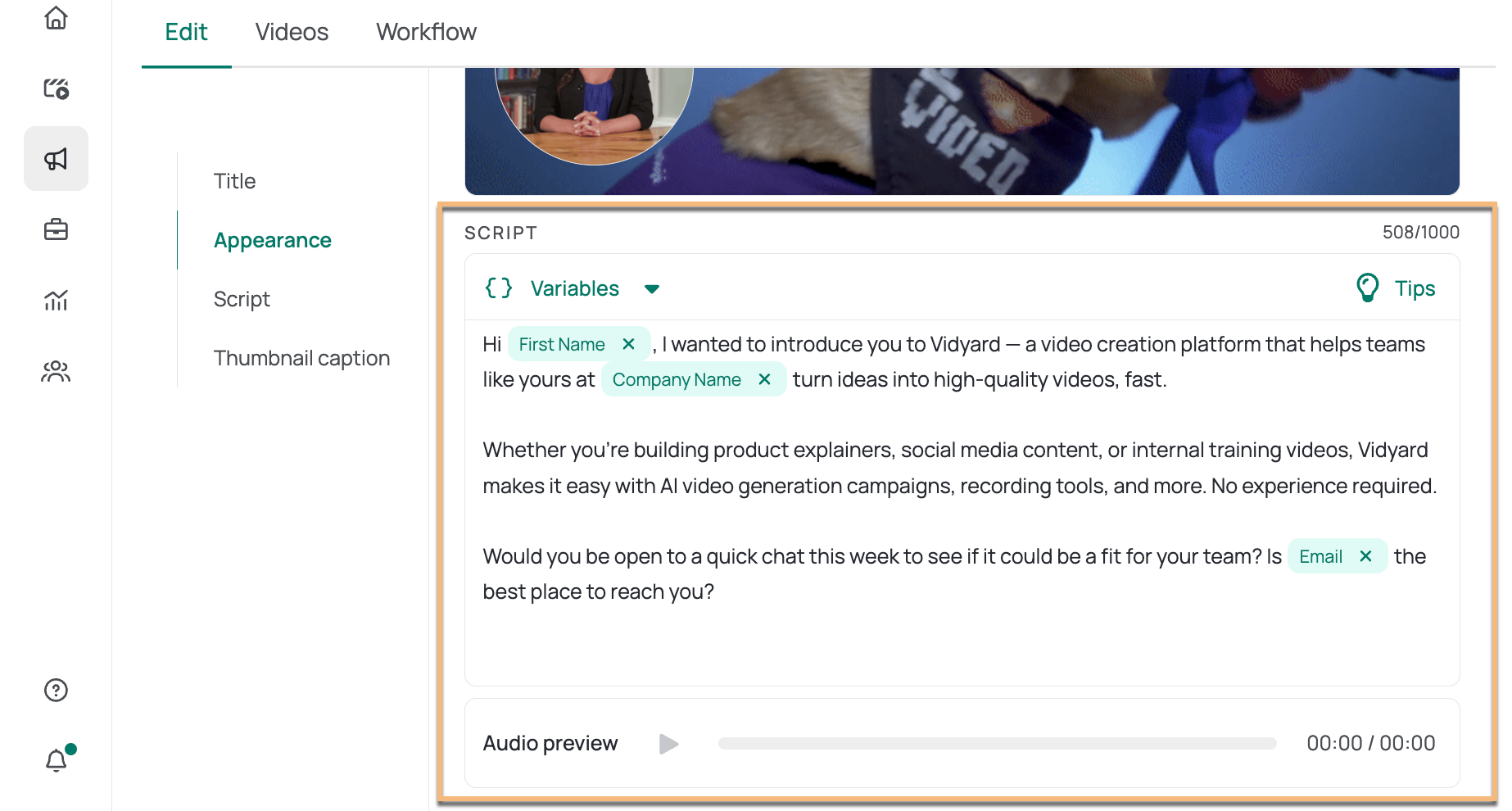 Campaign script section filled out with sample script, with audio preview to test sound