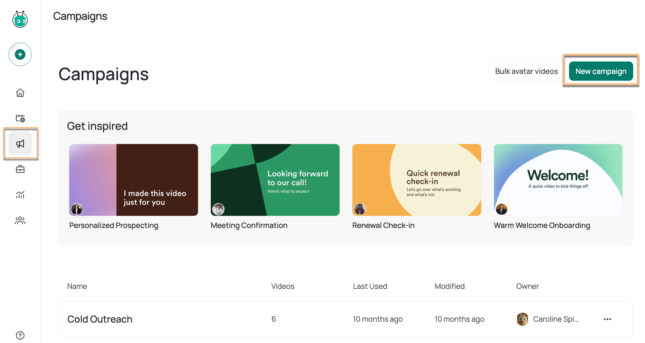 Campaign page with new campaign button highlighted and list of available example campaign options