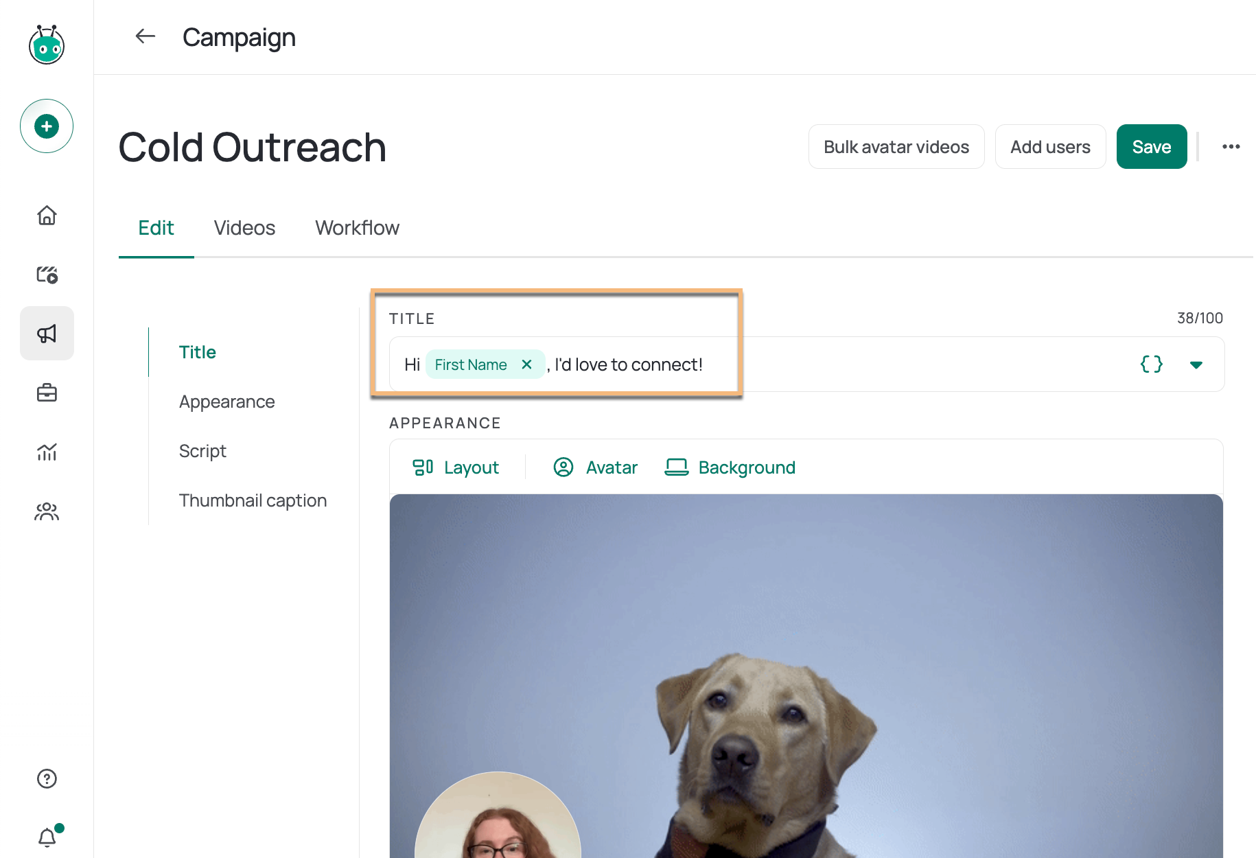 Campaign main page with title using dynamic first name variable highlighted