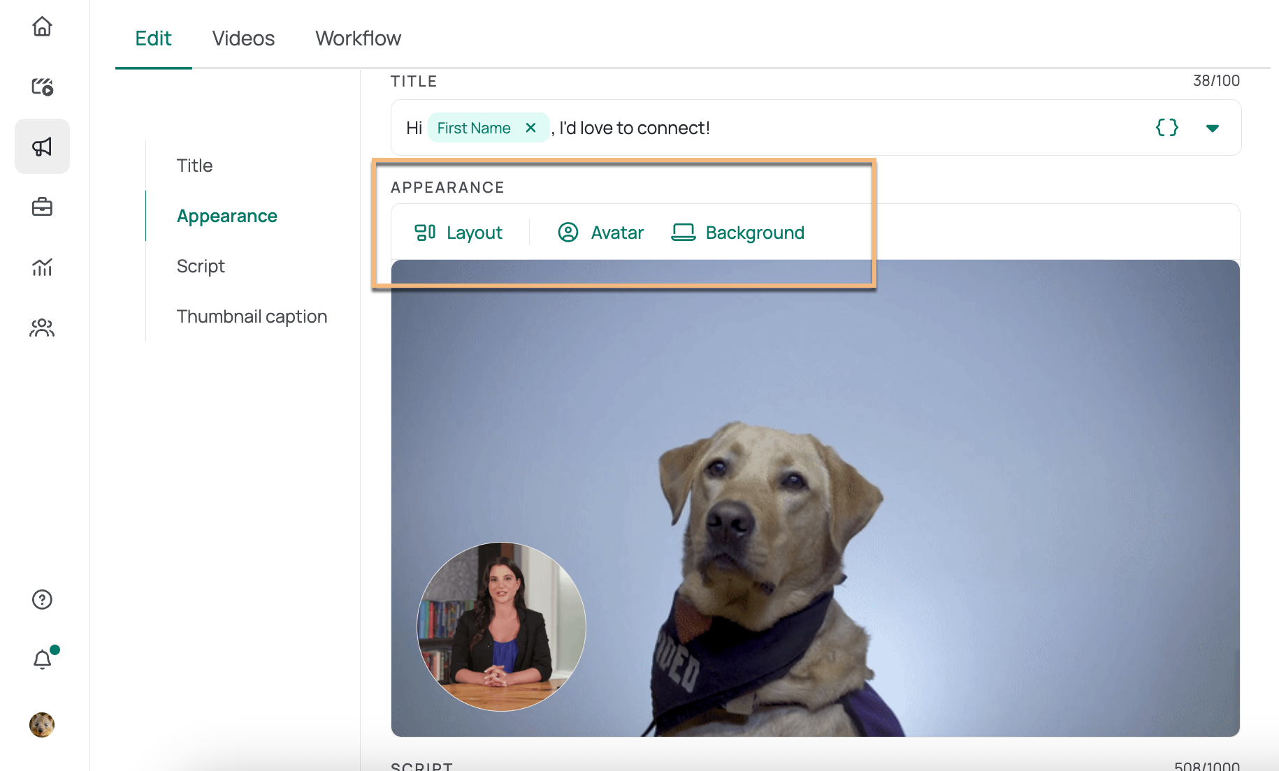 Campaign appearance section showing options for layout, avatar, and background