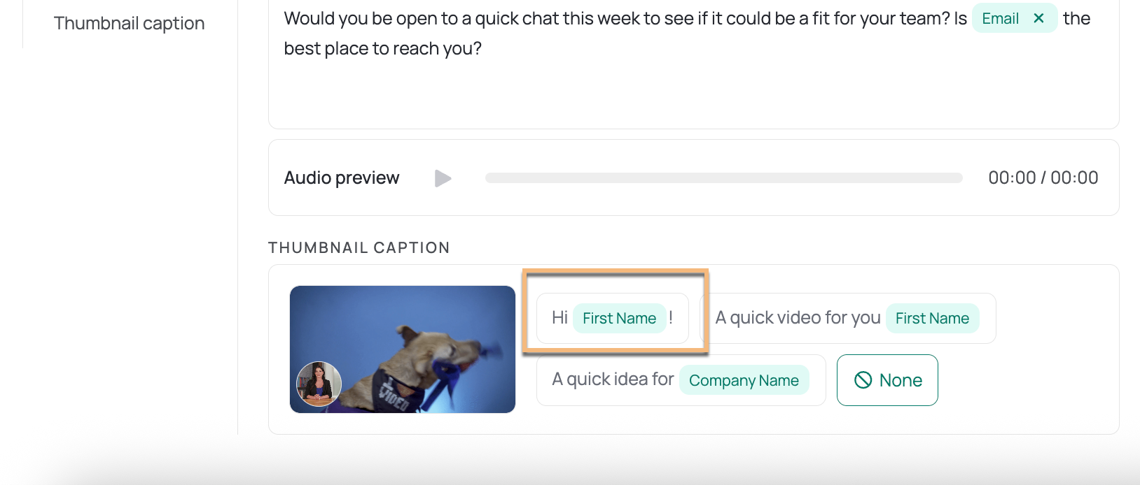 Campaign thumbnail caption section with option for dynamic personalized thumbnail captions selected