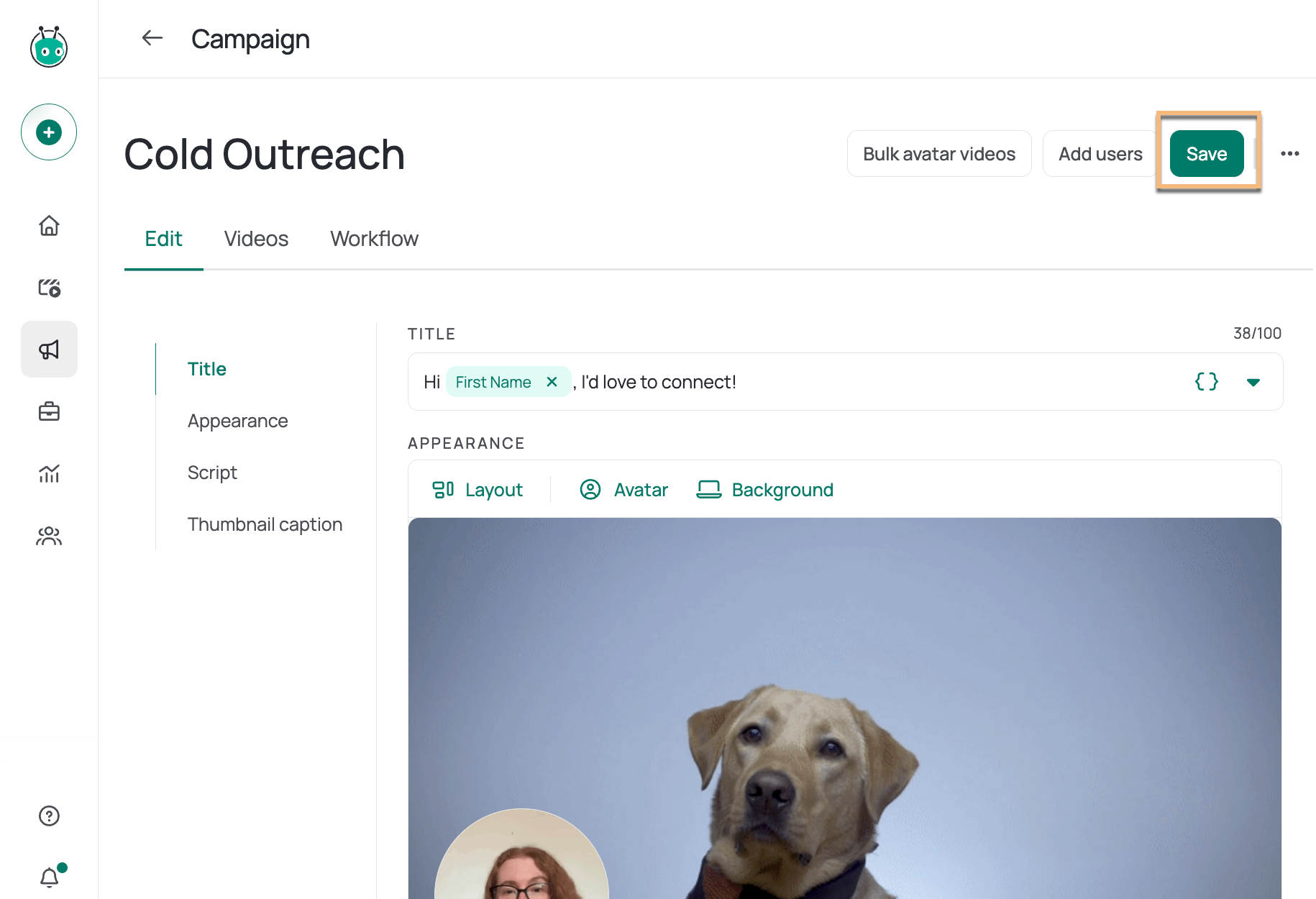 Campaign full page example with save button highlighted at the top of the page