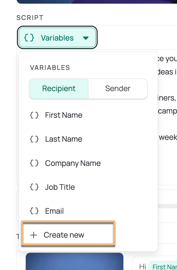 Vidyard variable dropdown menu with option to create new variable selected