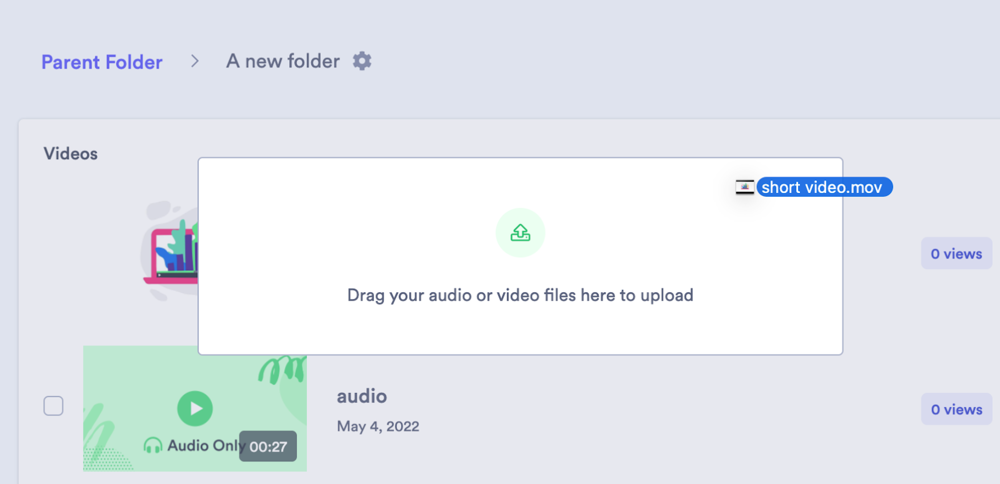 Vidyard library with drag and drop window open and ready for files