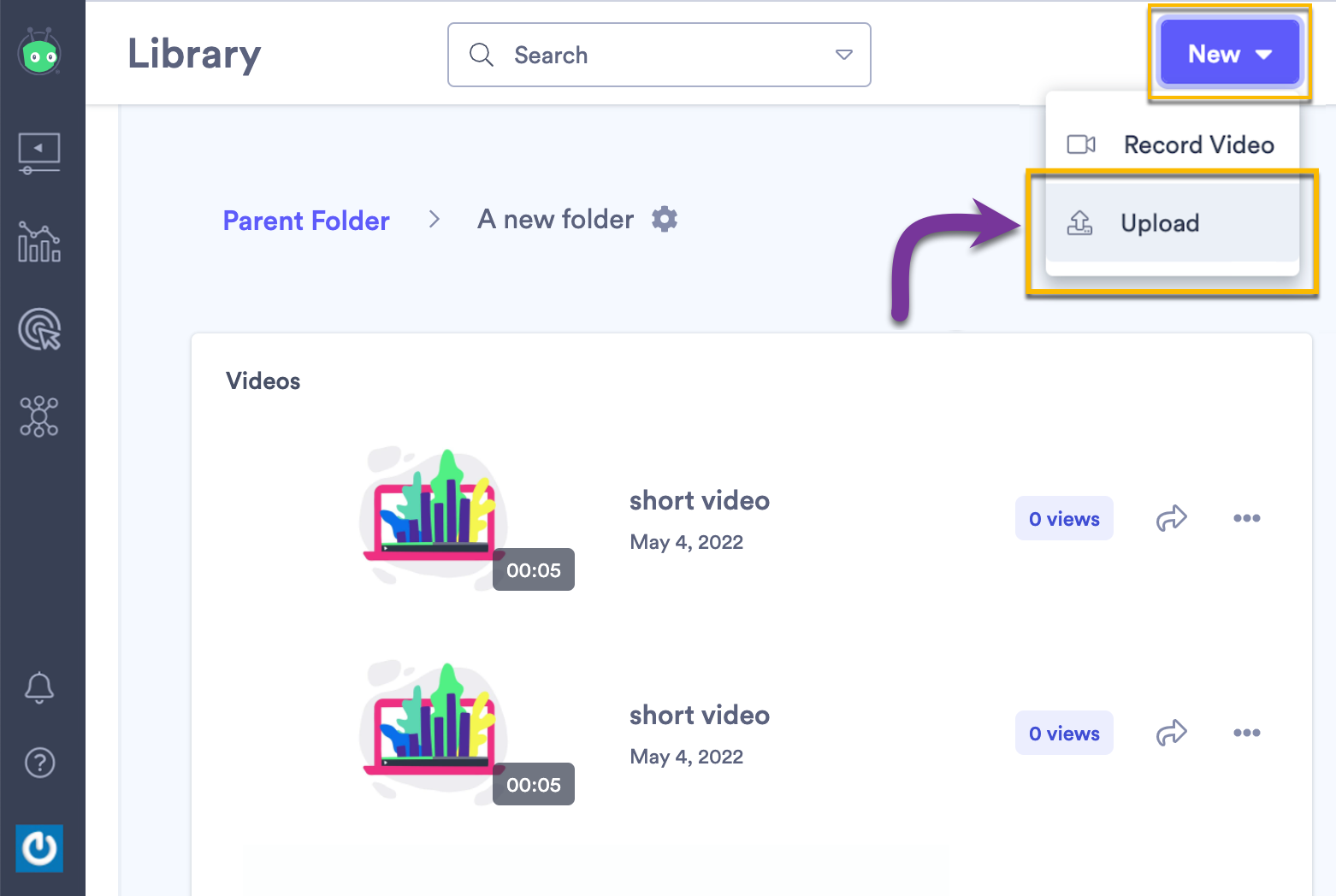 Vidyard library with new video dropdown open and upload option selected