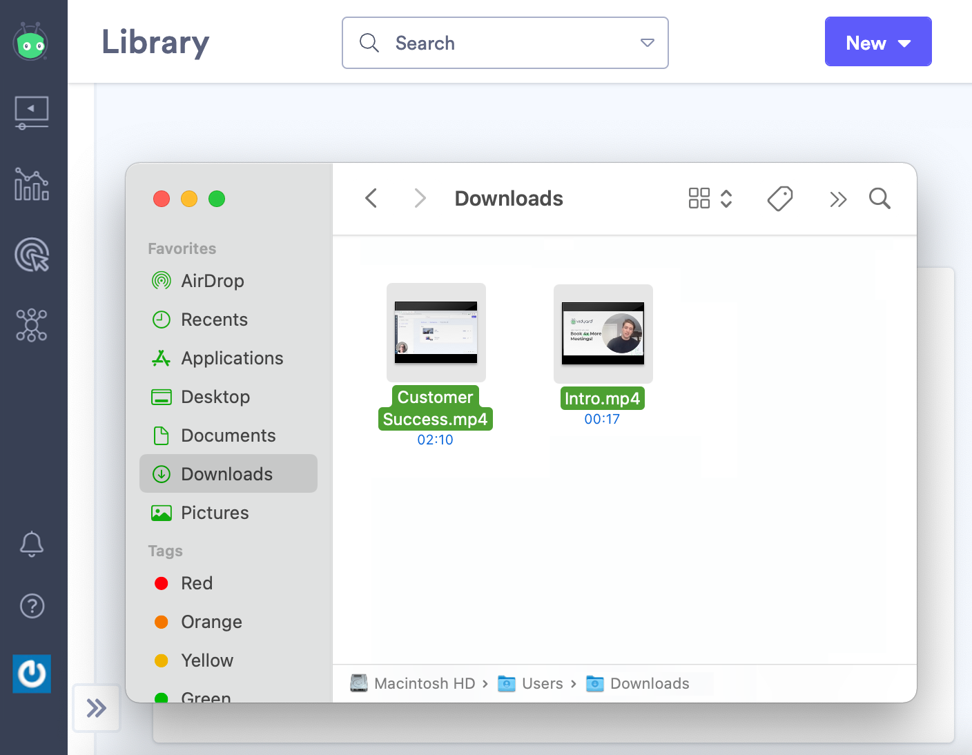 Mac file selector allowing user to choose file to upload to Vidyard library