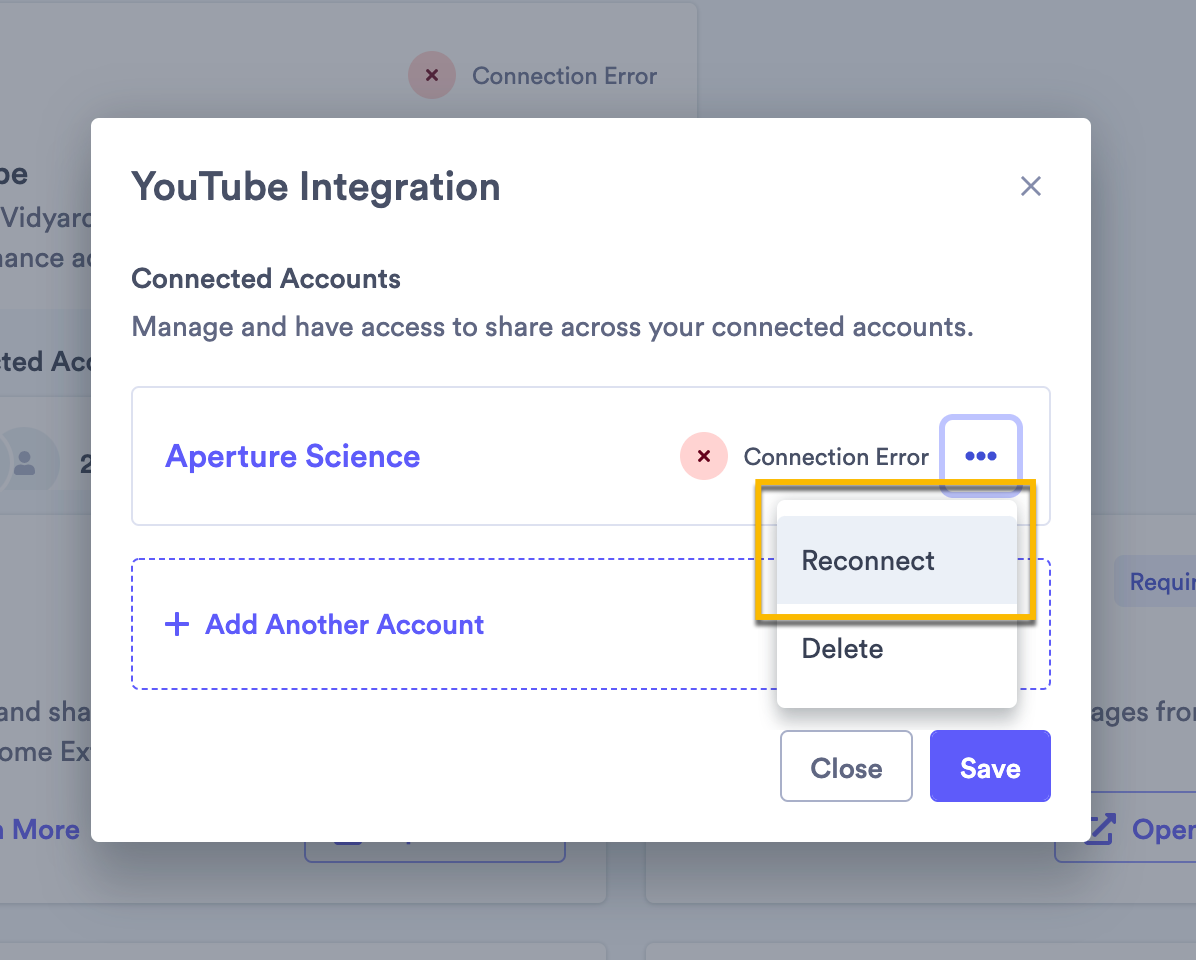 YouTube Integration status page with menu open and reconnect option selected