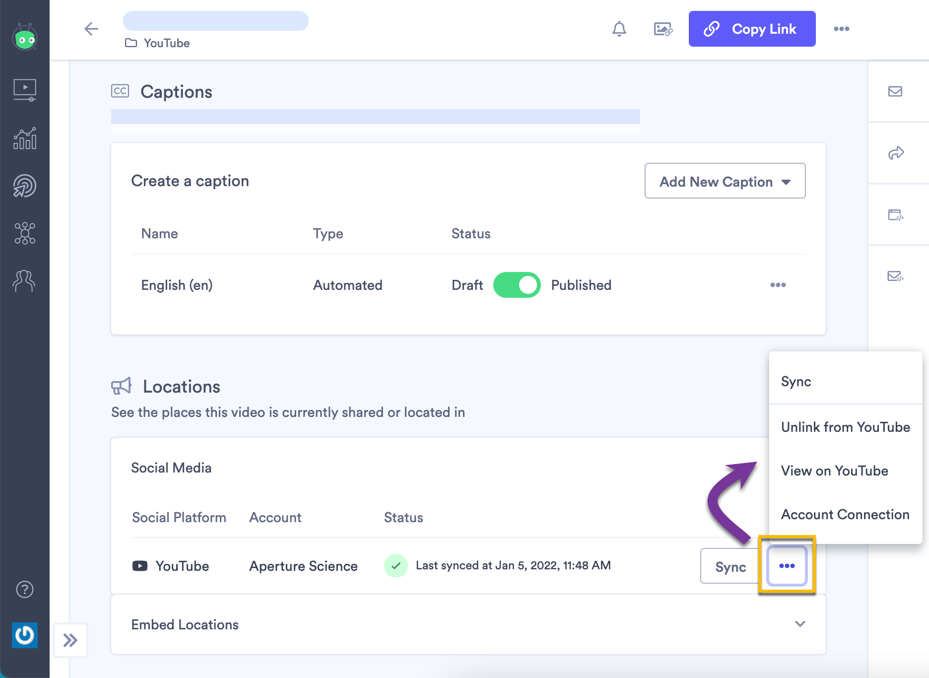 Video edit page showing YouTube sync menu and options on managing connection