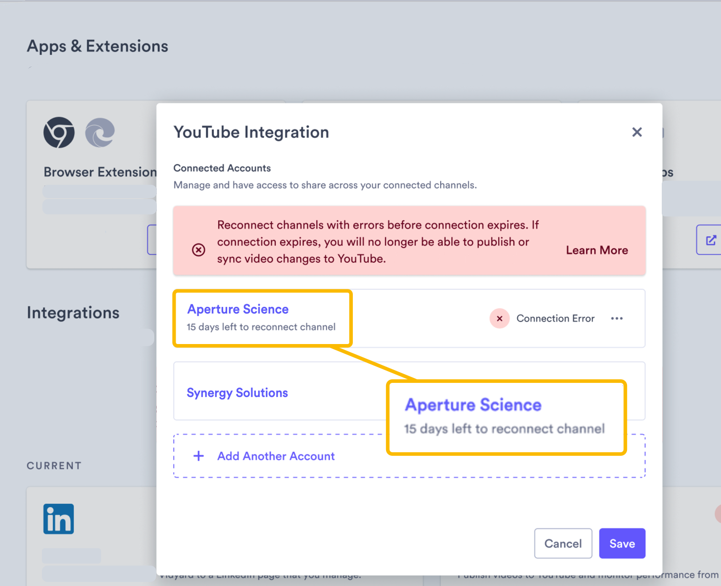 Vidyard integrations page with YouTube management window open showing days left to reconnect