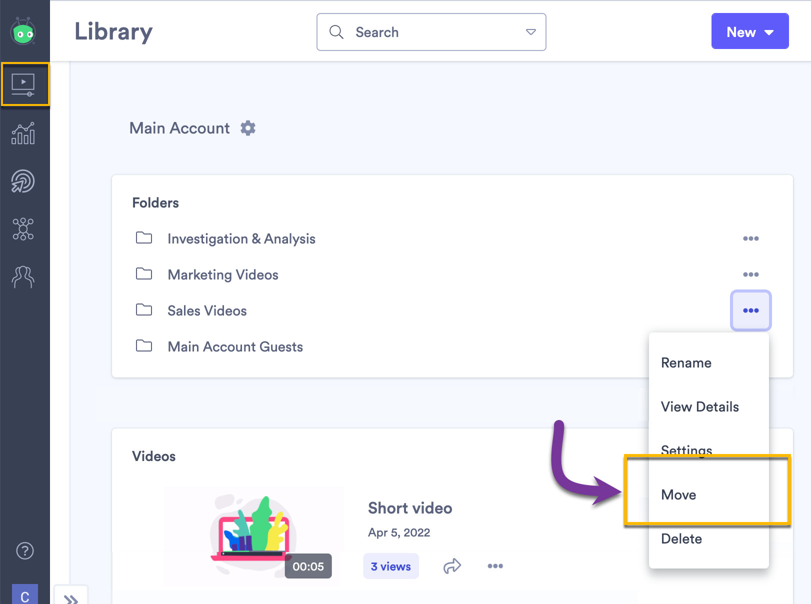 Library with menu open next to a folder and move option selected