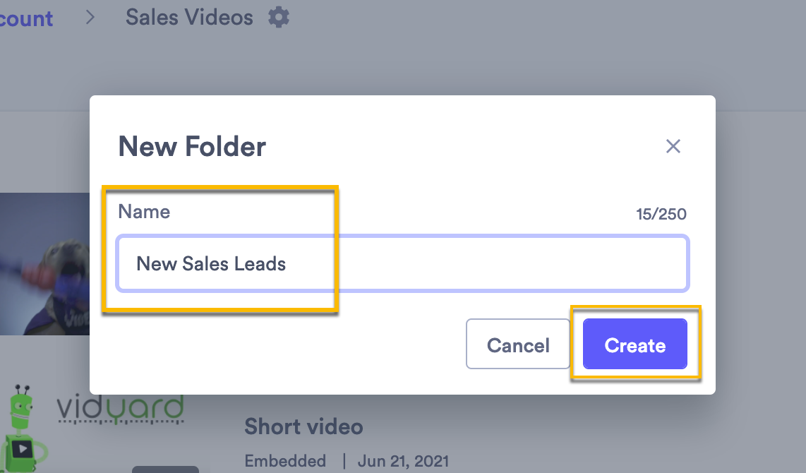 Field to enter new folder name and create folder