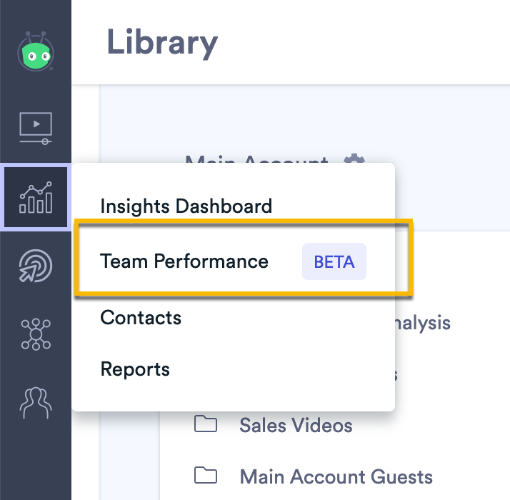 Vidyard main menu with Insights open and Team Performance selected