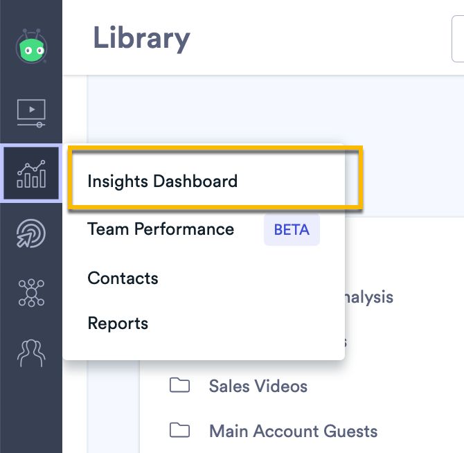 Vidyard main menu with Insights option selected to access Insights dashboard with Action Analytics widget