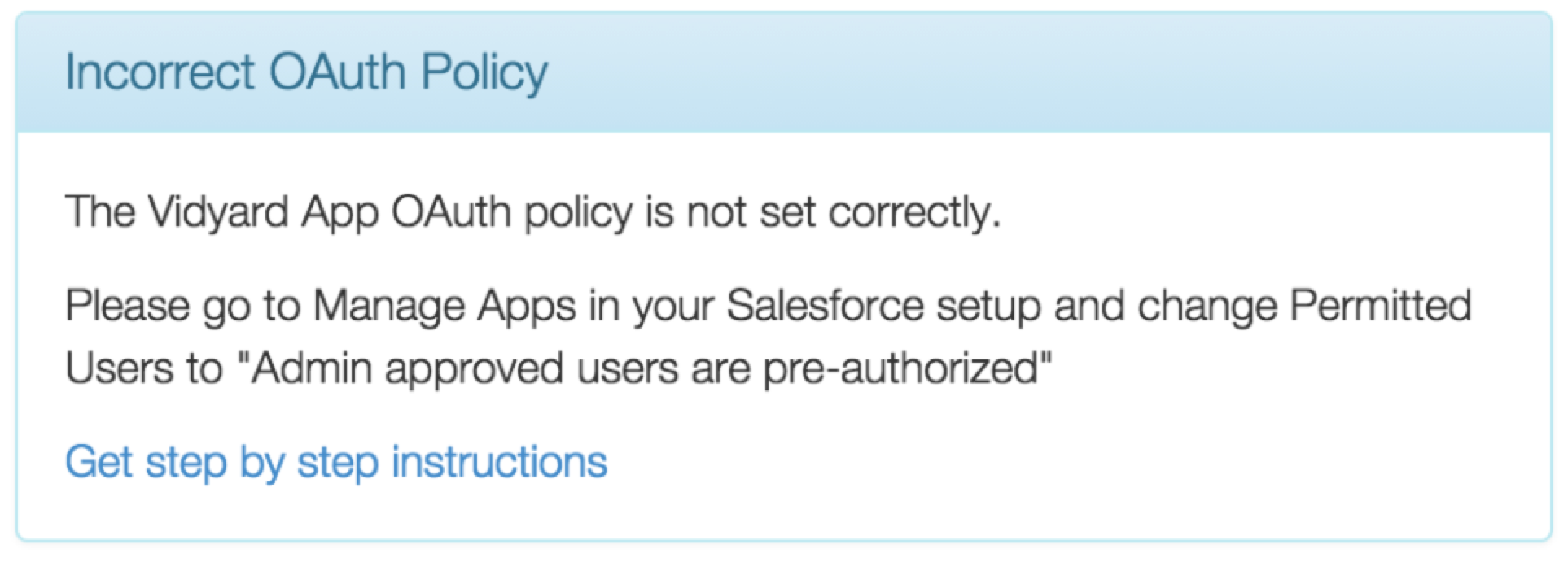 Salesforce error showing OAuth policy not correctly implemented