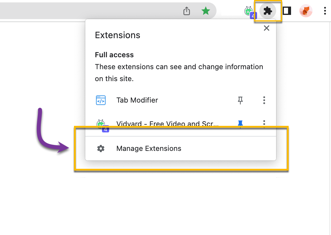 Chrome extensions button showing option to manage existing extensions