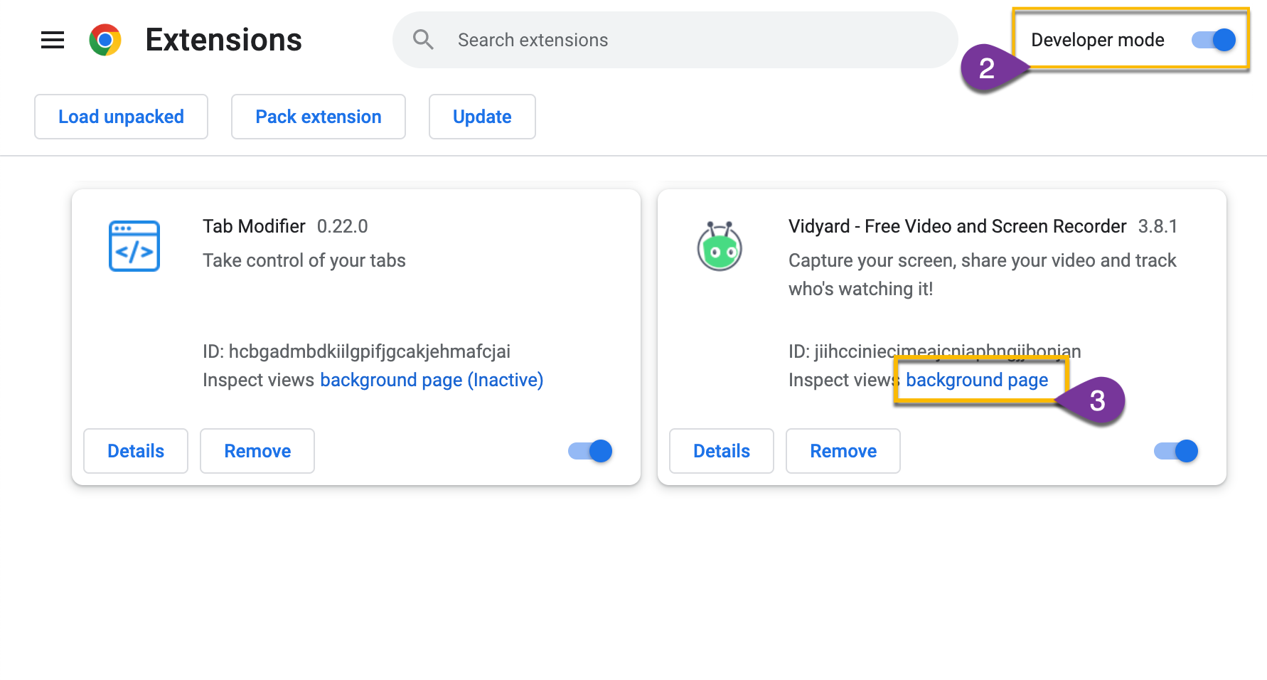 Manage extensions page with developer toggle on and background page highlighted under Vidyard extension