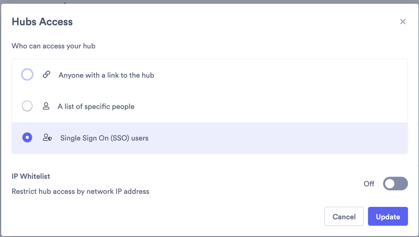Access settings for hub with Single Sign On users selected