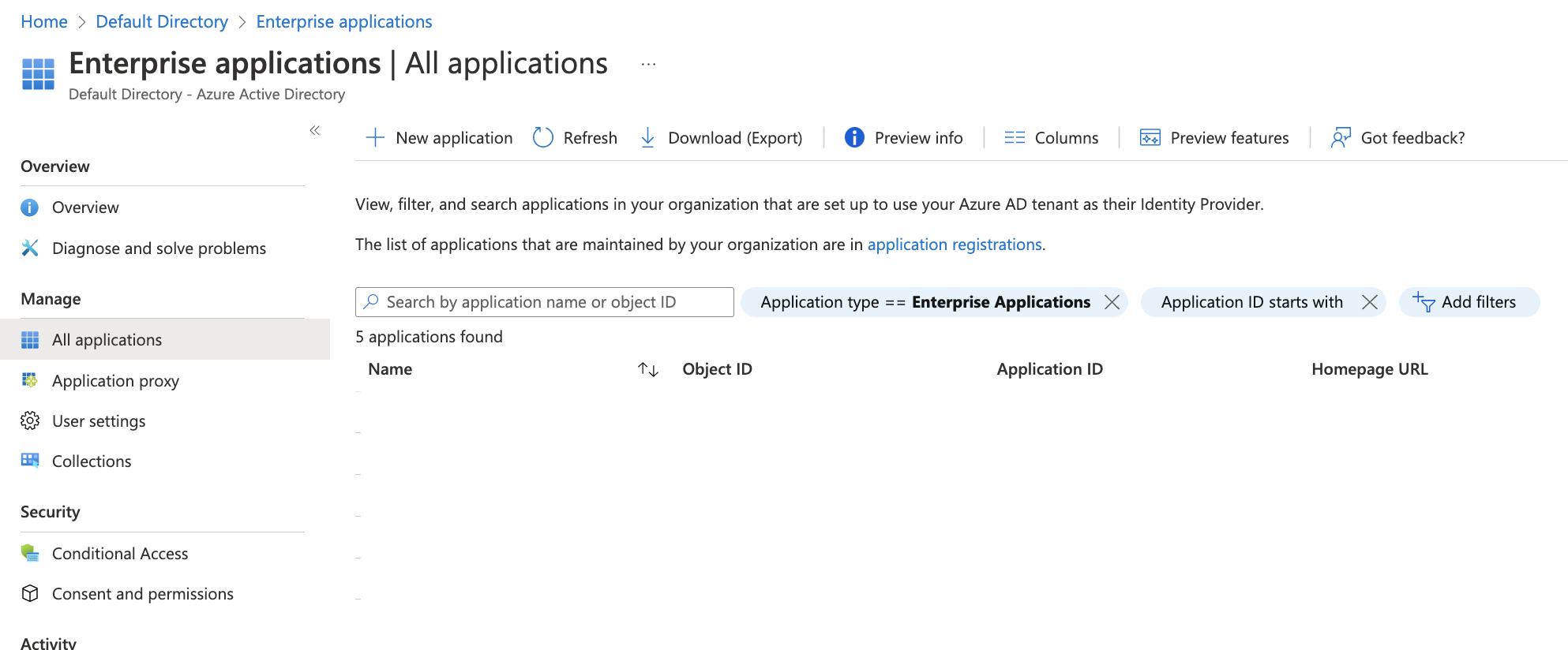 New application button from the Enterprise Application page in Azure