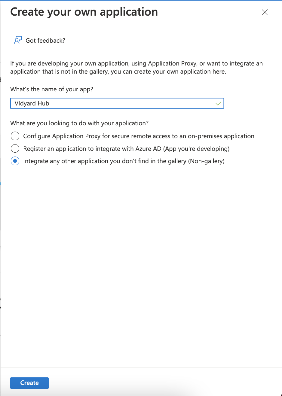 Create application menu in Azure, with Integrate any other application you don't find in the gallery (Non-gallery) option selected.