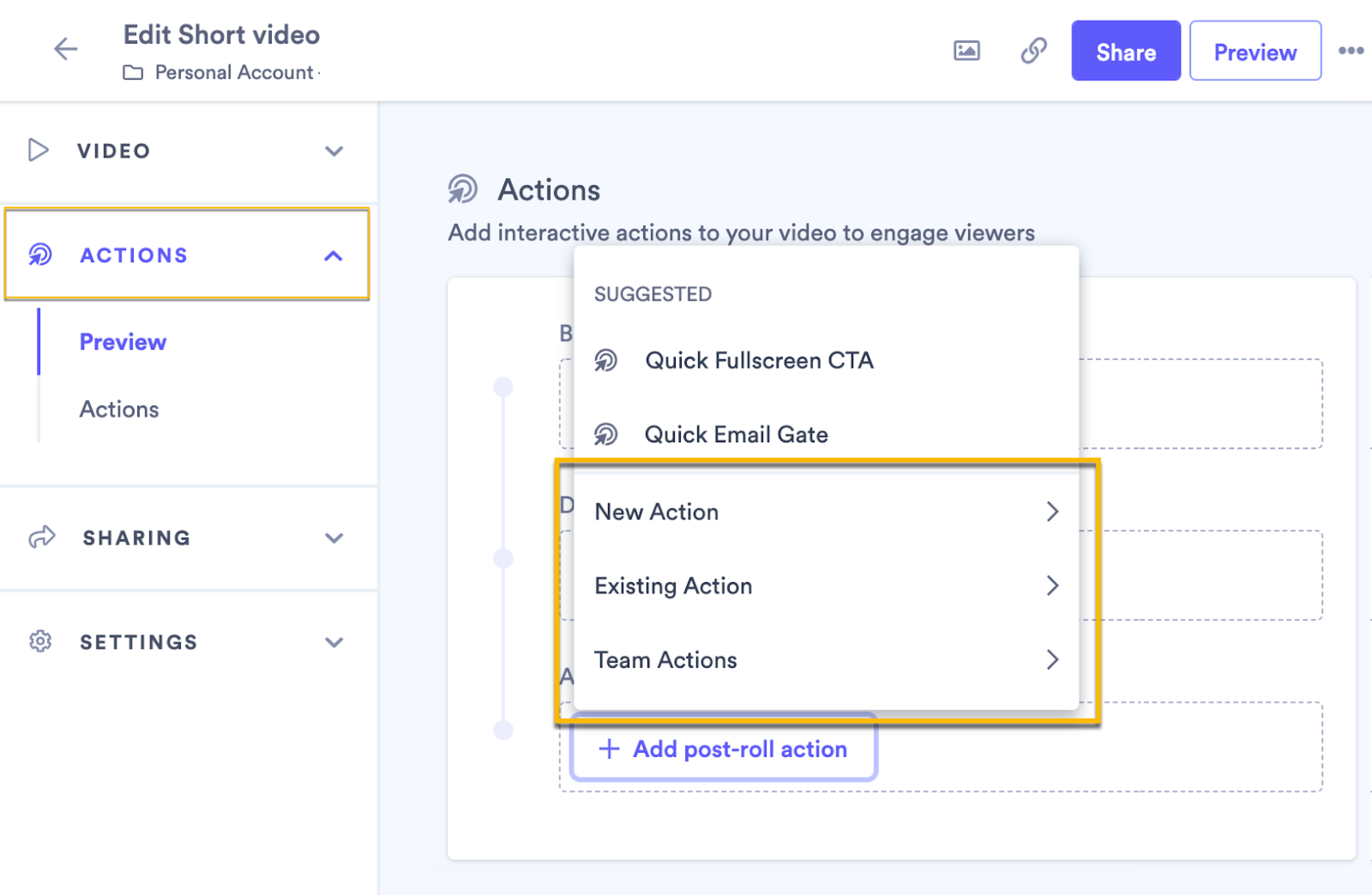 Video edit page with Actions section selected from menu