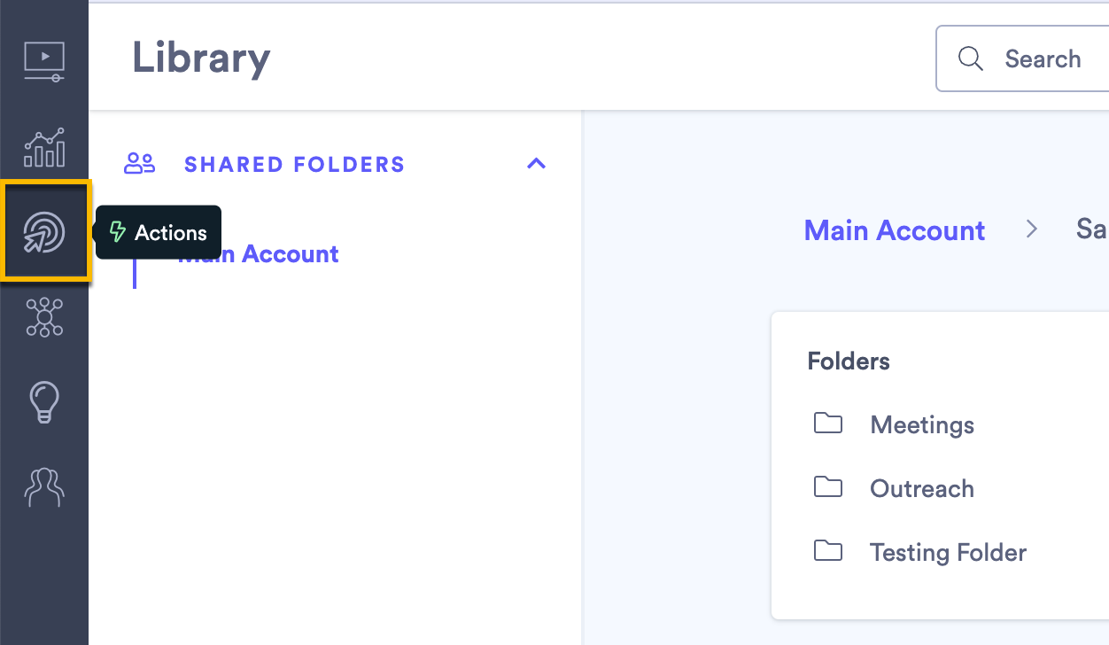Vidyard library menu with Actions icon selected