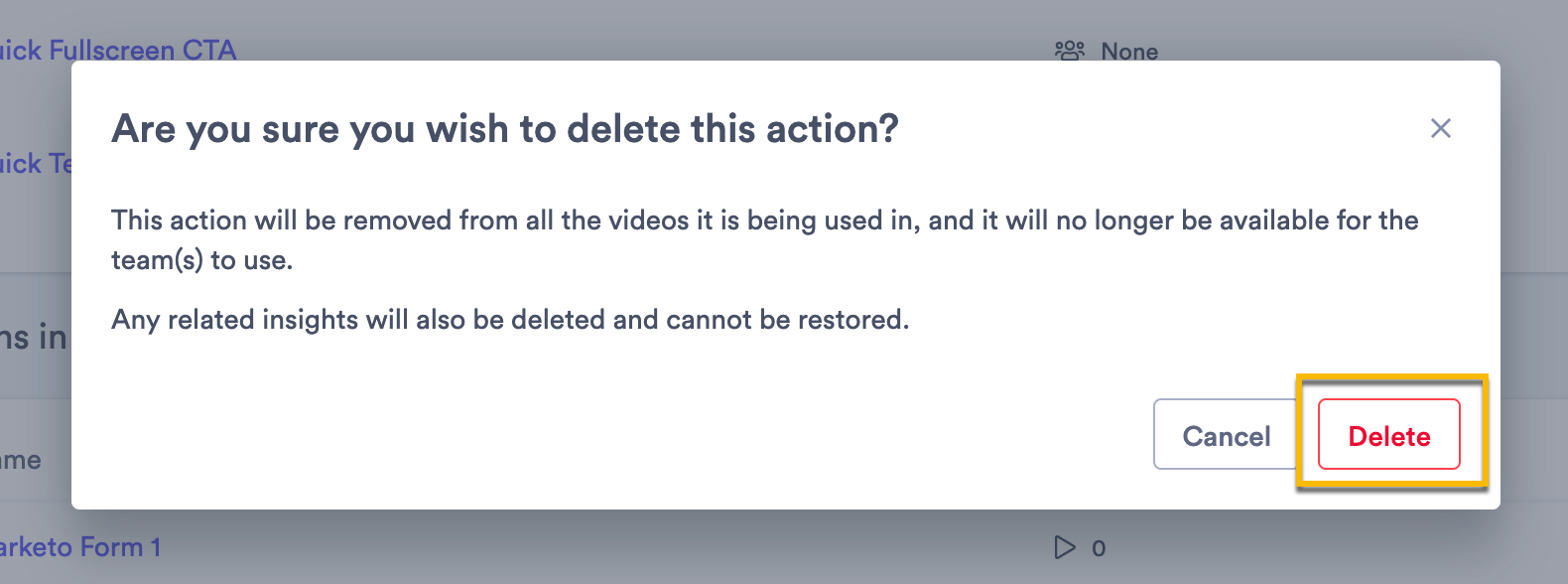 Deletion confirmation screen to delete Action