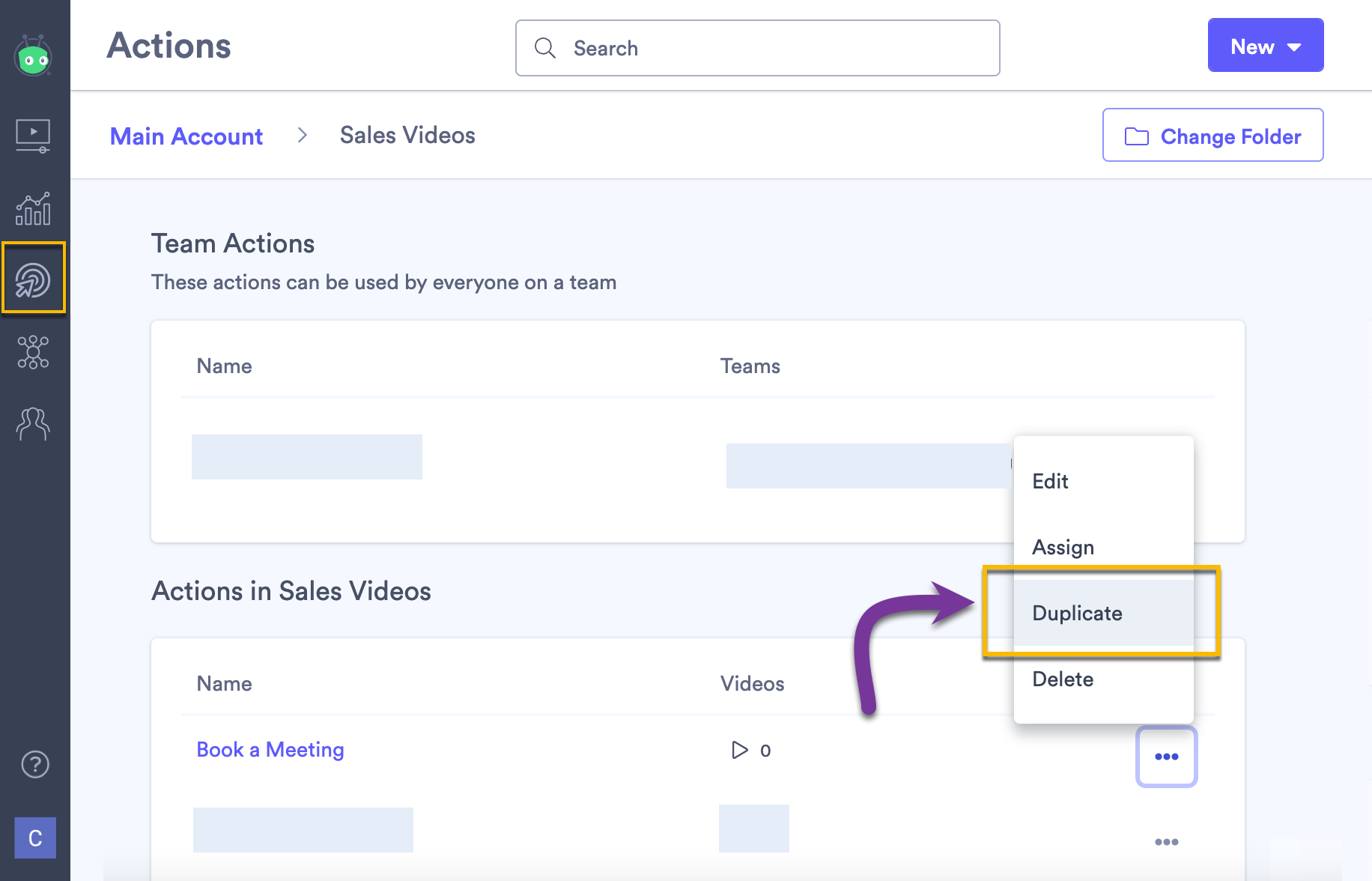 Menu open on book a meeting CTA showing option to duplicate