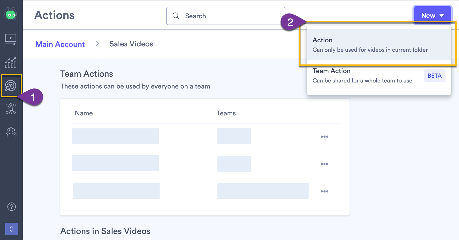 Actions page showing open menu and new folder action option selected