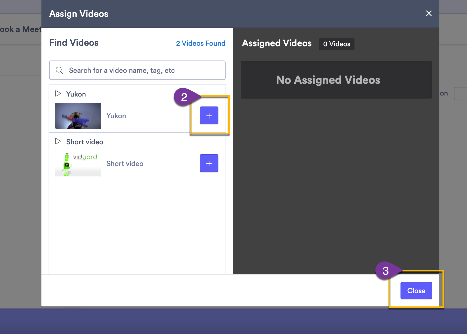 Page open that allows users to assign Action to videos
