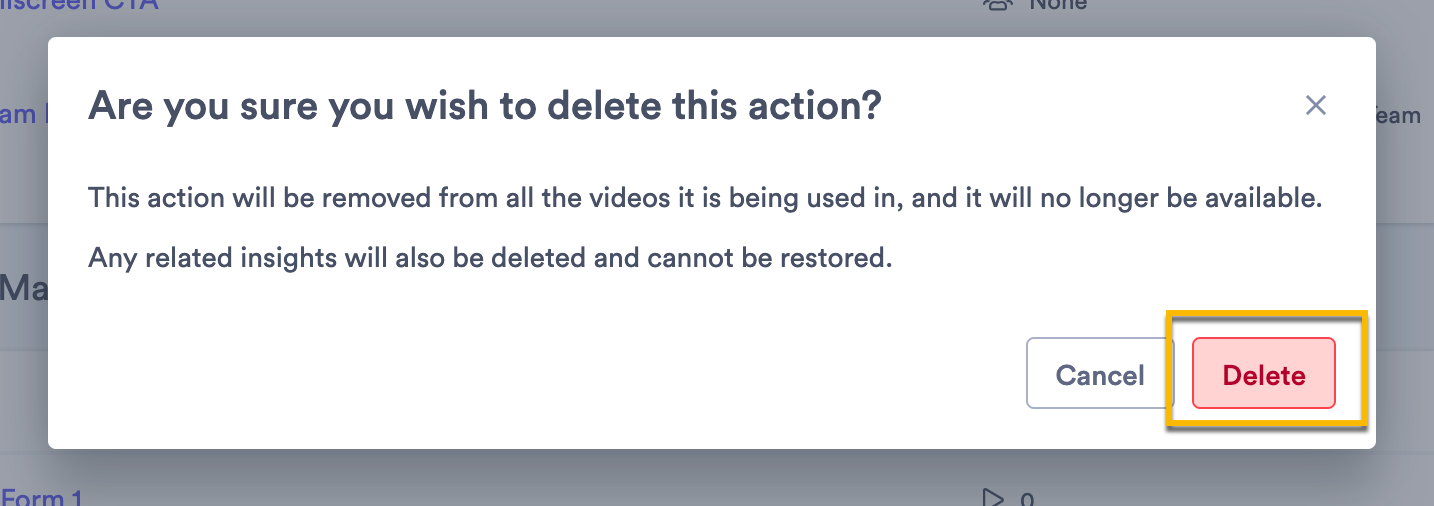 Deletion confirmation screen to delete Action