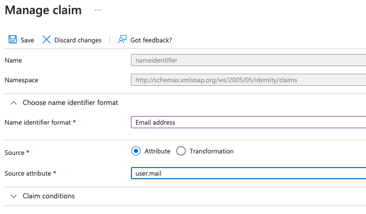 Manage claim with Source attribute changed to user.mail