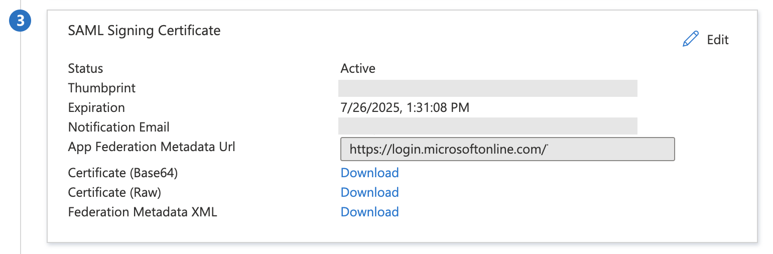 SAML Signing Certificate settings