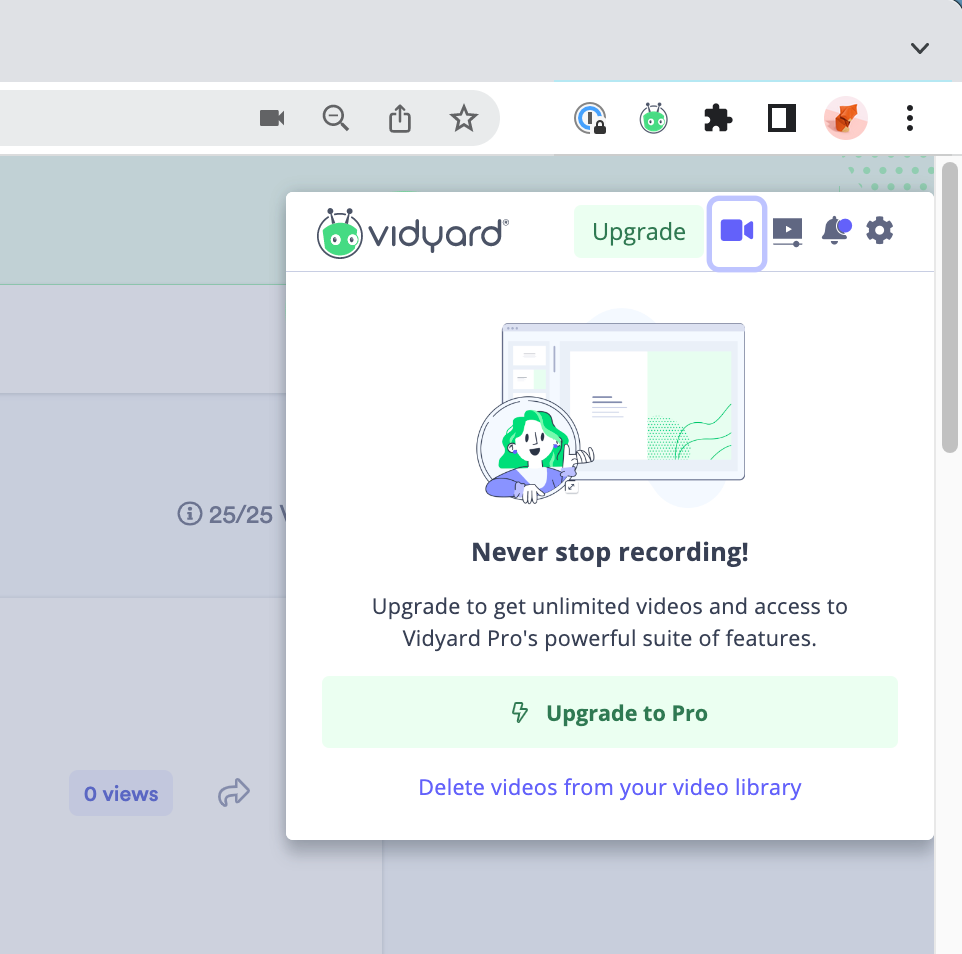 Notification on Vidyard browser extension when trying to record after storage limit reached