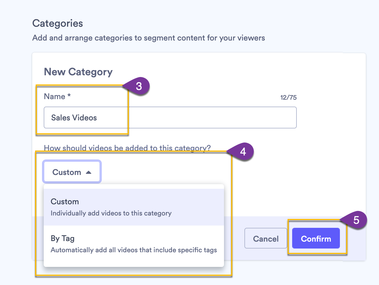 Giving the new category a new and choosing whether to add specific videos or videos by tags