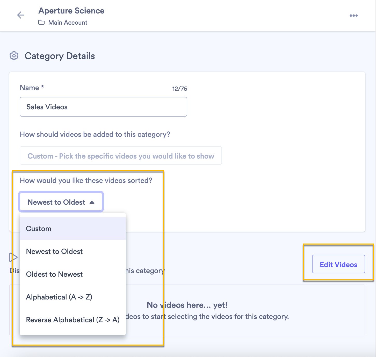 Adding videos to a category and choosing how to order them