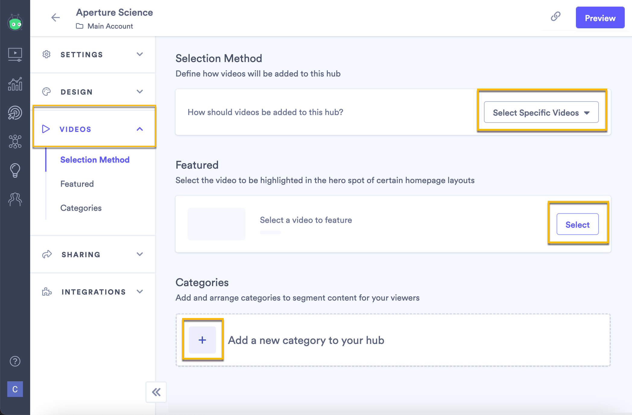 Select how videos should be added to a new hub category